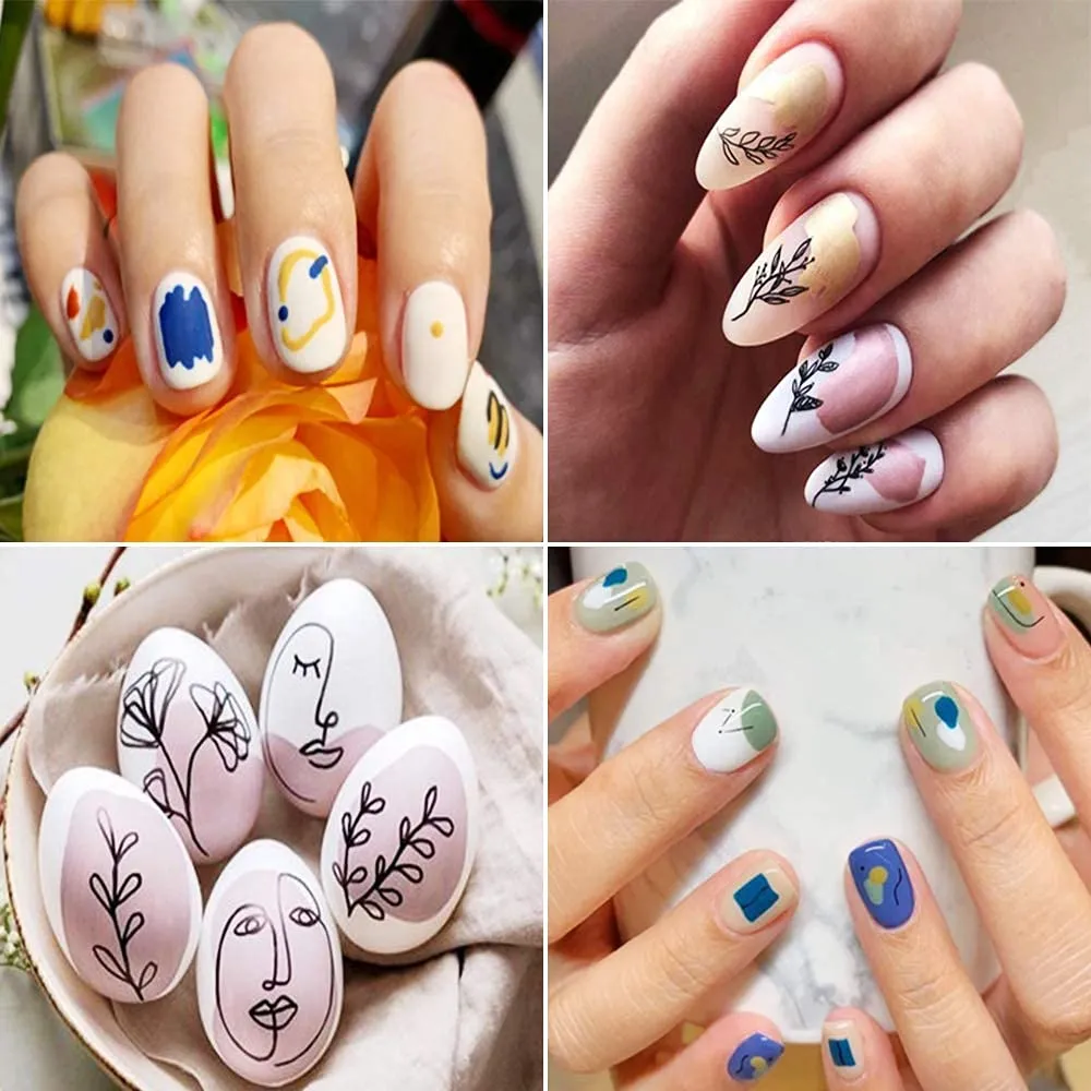 Abstract Nail Stickers for Nail Art, 6 Sheets Line Nail Decals 3D Self-Adhesive Minimalist Nail Art Stickers Abstract Lady Face Leaf Flower Nail Designs Manicure Tips Nail Decoration for Women Girls