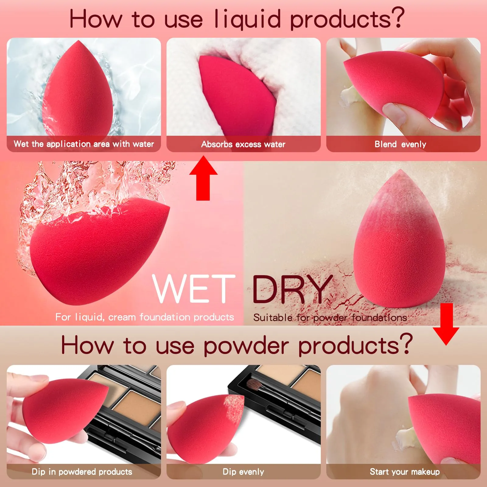 Beauty Blender Makeup Sponge, 5 Counts One Packing, Blender Liquid Foundation,Powders and Creams,Streak Free/Latex-Free/Cruelty-Free &Vegan(Water Drip)