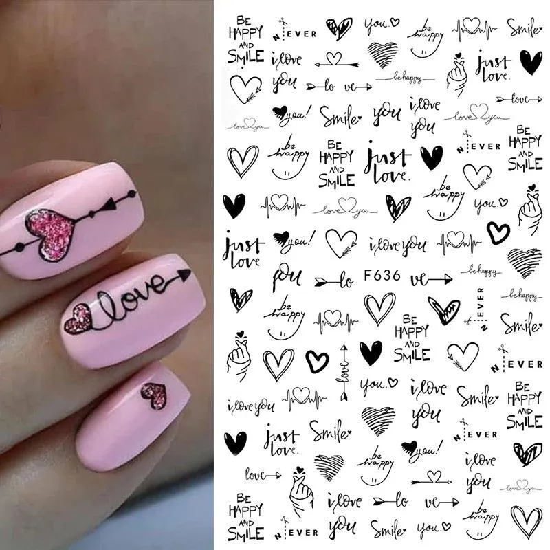 Black Heart Love Nail Stickers - Chic Self-Adhesive Decals for Manicure