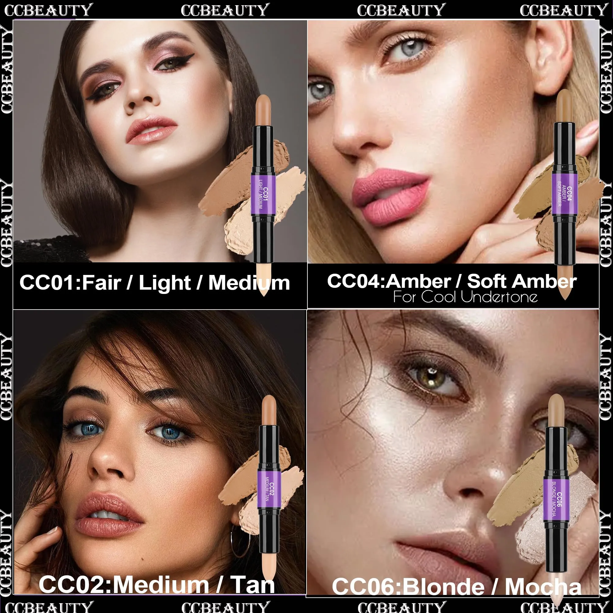 CCbeauty 2pcs 2-IN-1 Matte Contour Highlighter Stick with Blush,Cream Dual-End Highlight Bronzer Concealer & Blusher for Cheeks & Lip, Long Lasting Contouring for Face Shaping Makeup, Medium-Tan