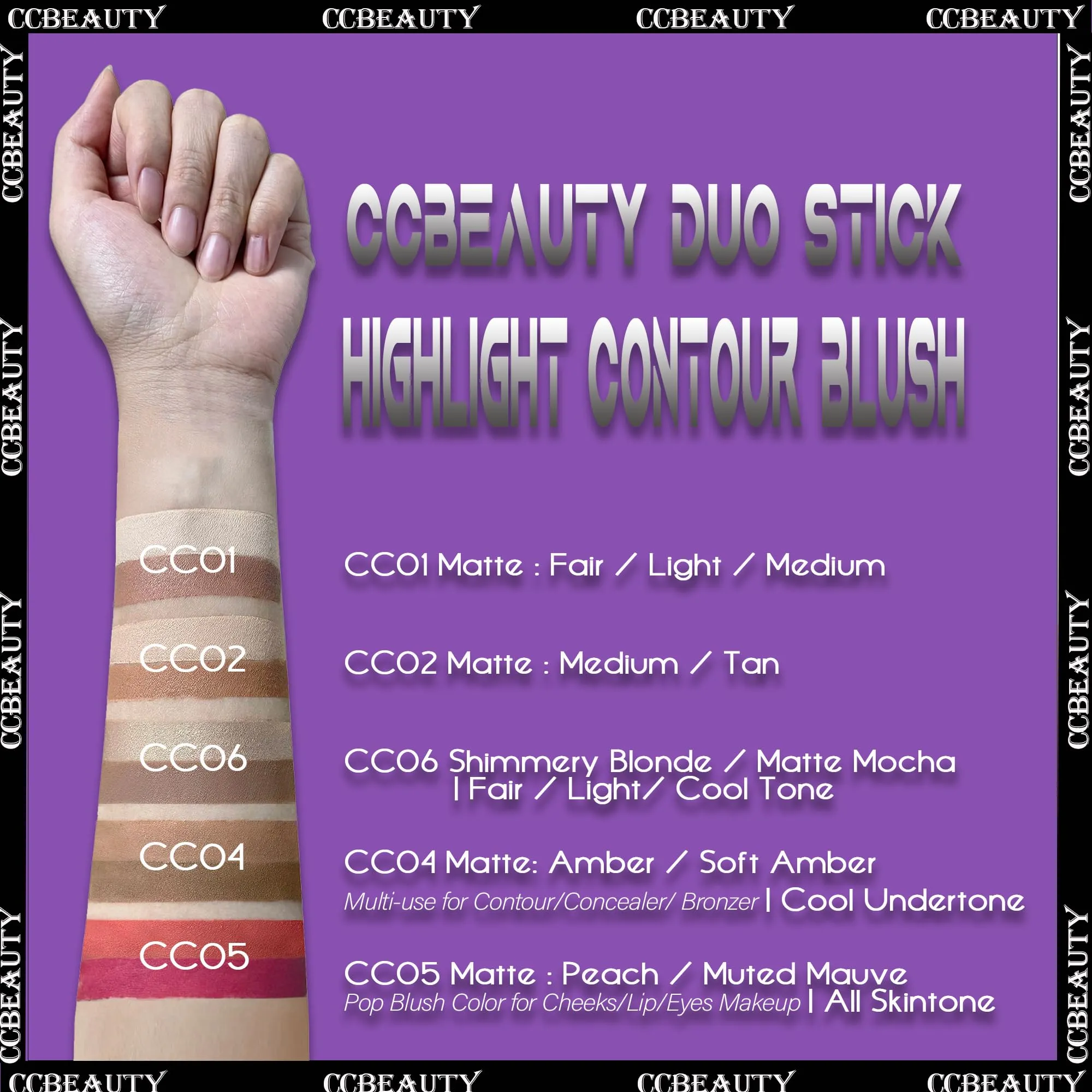 CCbeauty 2pcs 2-IN-1 Matte Contour Highlighter Stick with Blush,Cream Dual-End Highlight Bronzer Concealer & Blusher for Cheeks & Lip, Long Lasting Contouring for Face Shaping Makeup, Medium-Tan