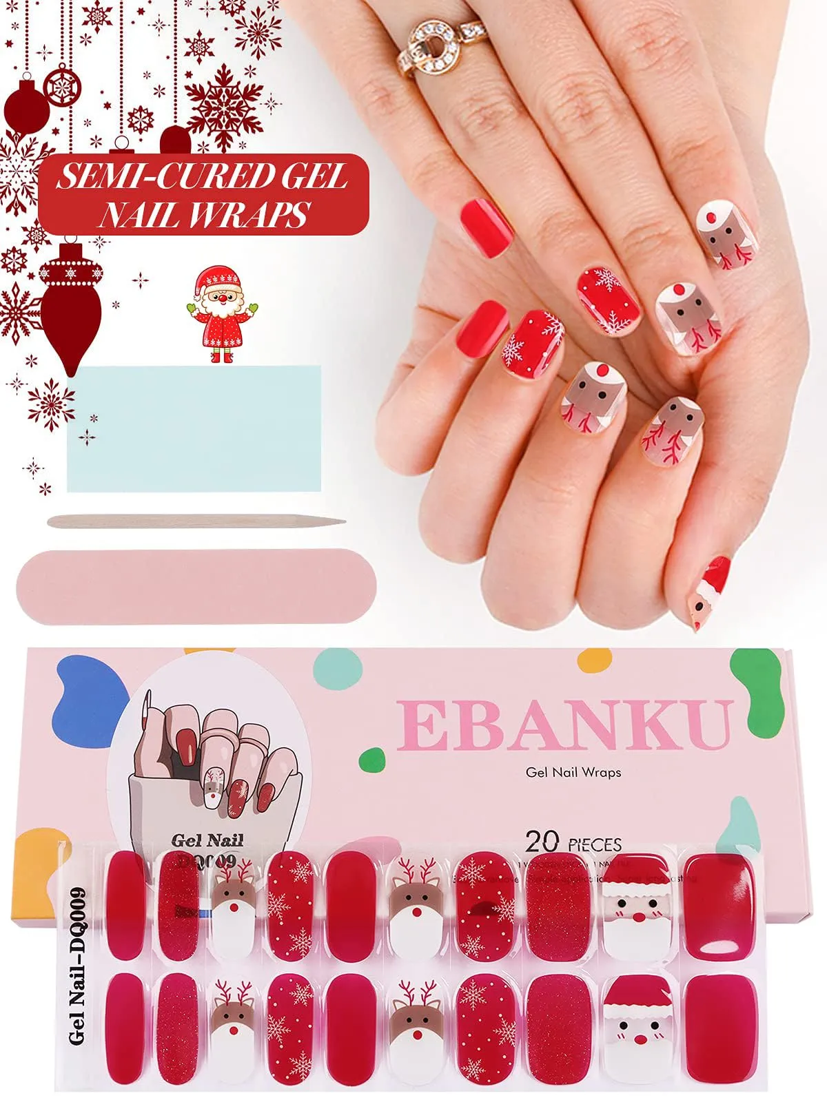 Christmas Gel Nail Polish Strips EBANKU Elk Snowflake Full Nail Wraps Real Nail Polish Stickers for Women Girls Christmas DIY Nail Art Decorations(UV/LED Lamp Required)