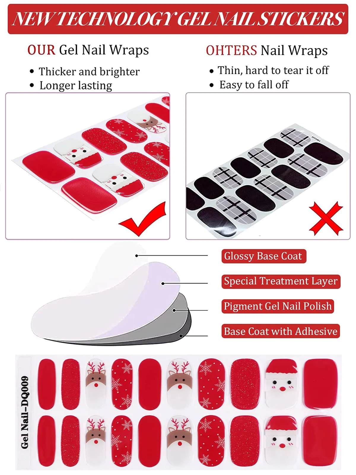 Christmas Gel Nail Polish Strips EBANKU Elk Snowflake Full Nail Wraps Real Nail Polish Stickers for Women Girls Christmas DIY Nail Art Decorations(UV/LED Lamp Required)