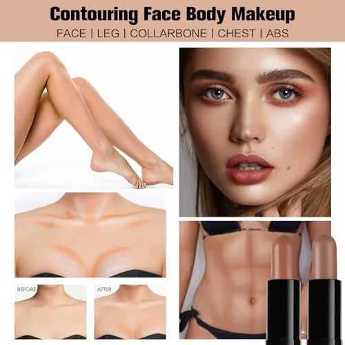 Contour Stick, 2Pcs Dual-Ended Highlighter Makeup Pen & Contouring Stick for Face Shaping, Long Lasting Waterproof Cream Bronzer & Highlight Sticks Make Up Kit for All Skin Tones(01#   03#)