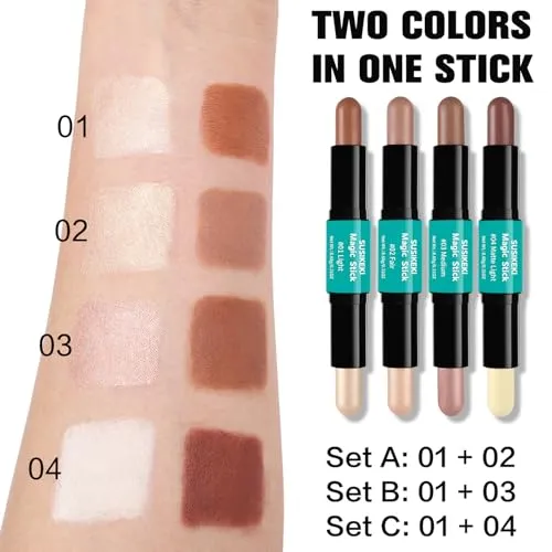 Contour Stick, 2Pcs Dual-Ended Highlighter Makeup Pen & Contouring Stick for Face Shaping, Long Lasting Waterproof Cream Bronzer & Highlight Sticks Make Up Kit for All Skin Tones(01#   03#)