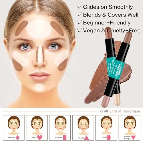 Contour Stick, 2Pcs Dual-Ended Highlighter Makeup Pen & Contouring Stick for Face Shaping, Long Lasting Waterproof Cream Bronzer & Highlight Sticks Make Up Kit for All Skin Tones(01#   03#)