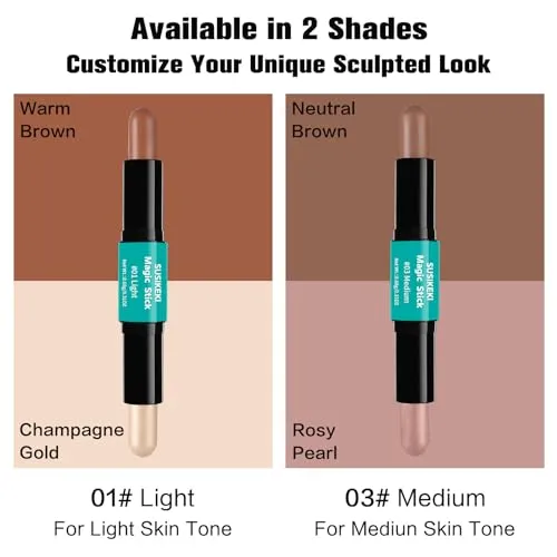 Contour Stick, 2Pcs Dual-Ended Highlighter Makeup Pen & Contouring Stick for Face Shaping, Long Lasting Waterproof Cream Bronzer & Highlight Sticks Make Up Kit for All Skin Tones(01#   03#)