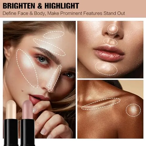 Contour Stick, 2Pcs Dual-Ended Highlighter Makeup Pen & Contouring Stick for Face Shaping, Long Lasting Waterproof Cream Bronzer & Highlight Sticks Make Up Kit for All Skin Tones(01#   03#)