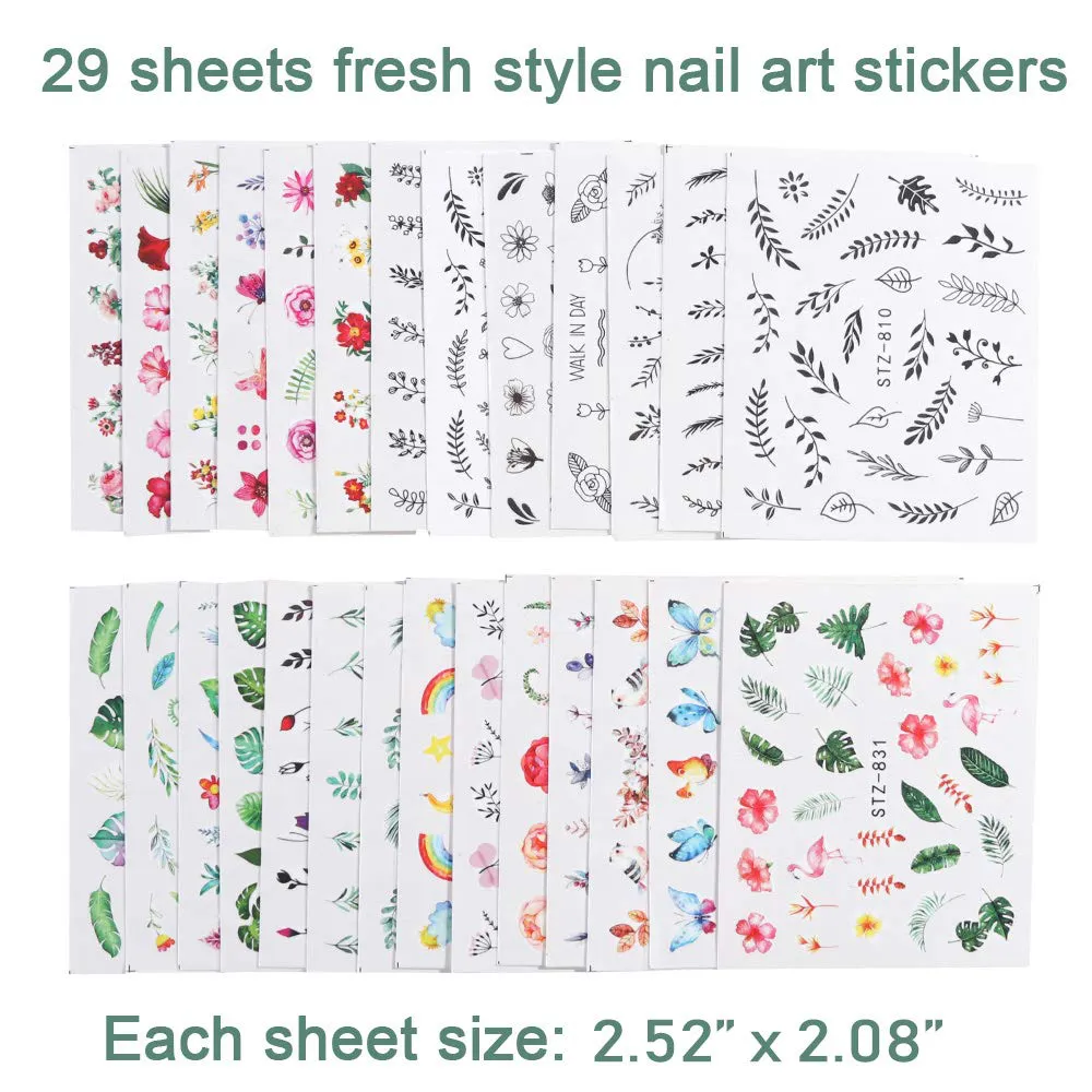 Macute Nail Stickers for Women Nail Art Accessories Decals 29 Sheets Fresh Nail Art Stickers Water Transfer Butterfly Leaf Flamingo Flower Nail Stickers for Fingernails Decor Manicure Decorations