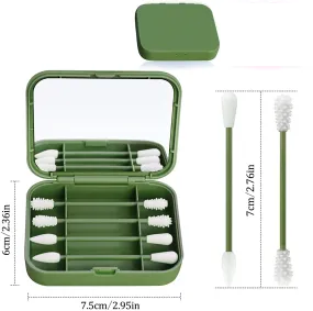 New TOROKOM 4 Count Reusable Portable Silicone Swab for Ear Cleaning, Makeup, 2 in 1 Cotton Swabs Set with Case and Cosmetic Mirror (1 Pack, Green)