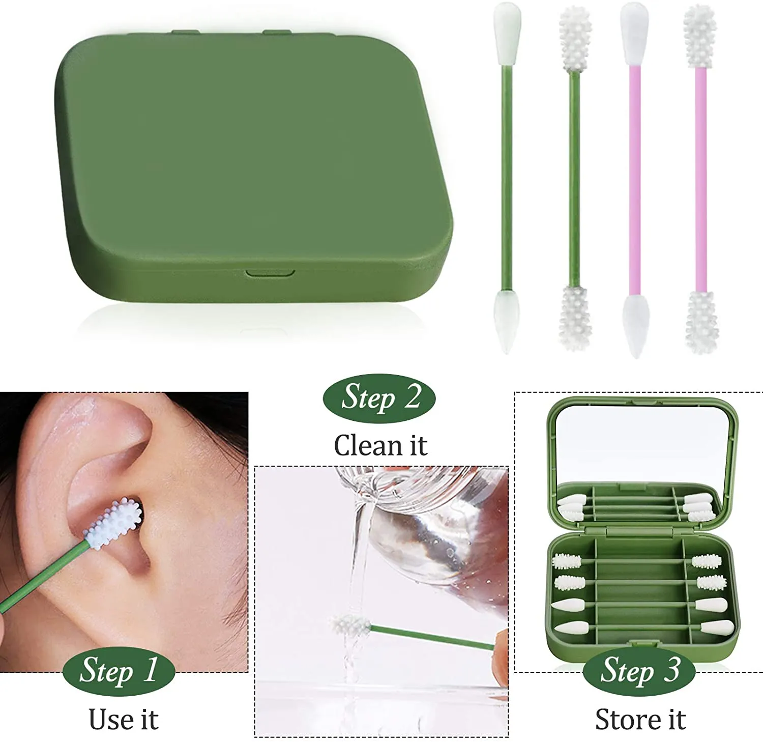 New TOROKOM 4 Count Reusable Portable Silicone Swab for Ear Cleaning, Makeup, 2 in 1 Cotton Swabs Set with Case and Cosmetic Mirror (1 Pack, Green)