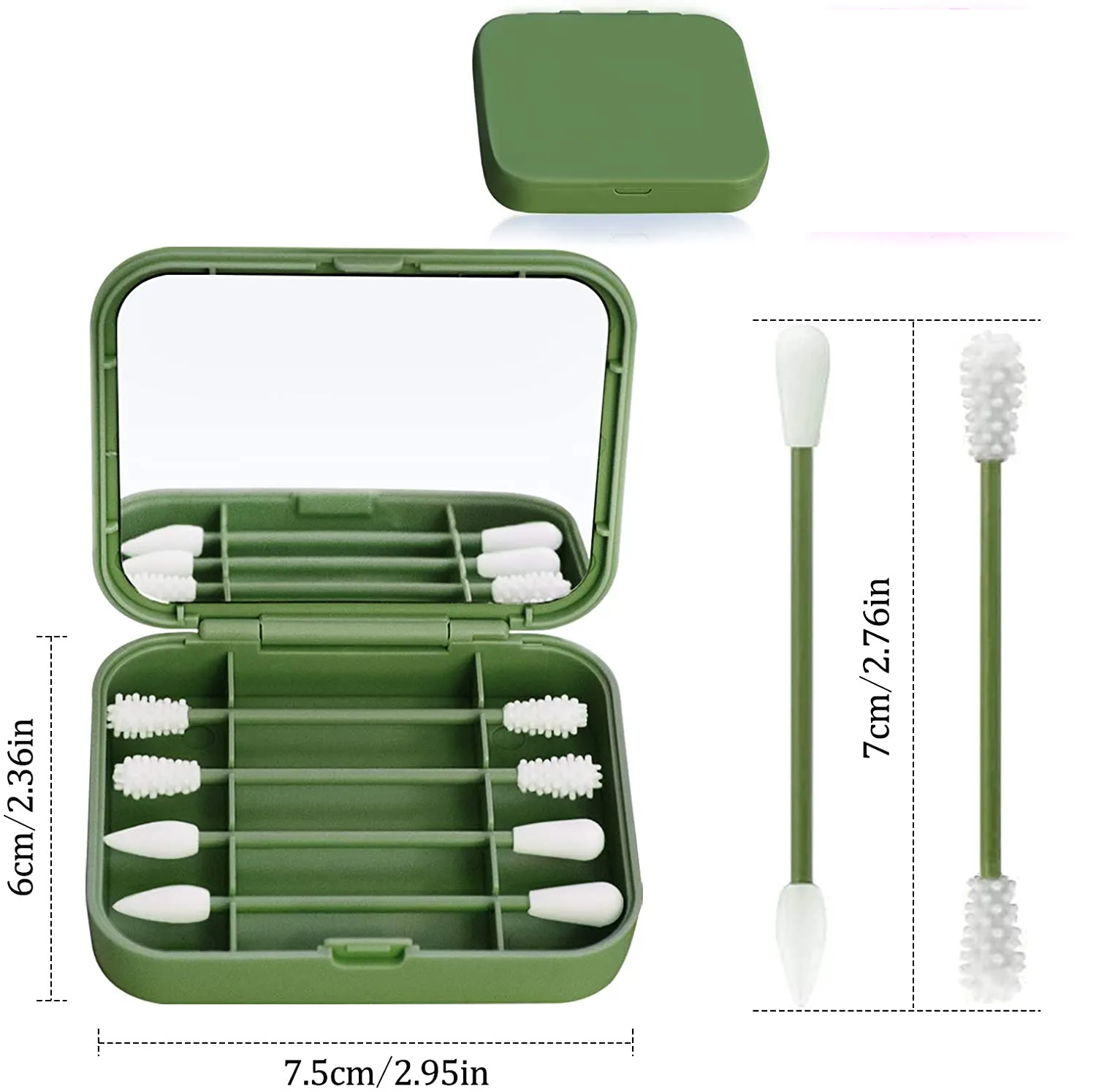 New TOROKOM 4 Count Reusable Portable Silicone Swab for Ear Cleaning, Makeup, 2 in 1 Cotton Swabs Set with Case and Cosmetic Mirror (1 Pack, Green)