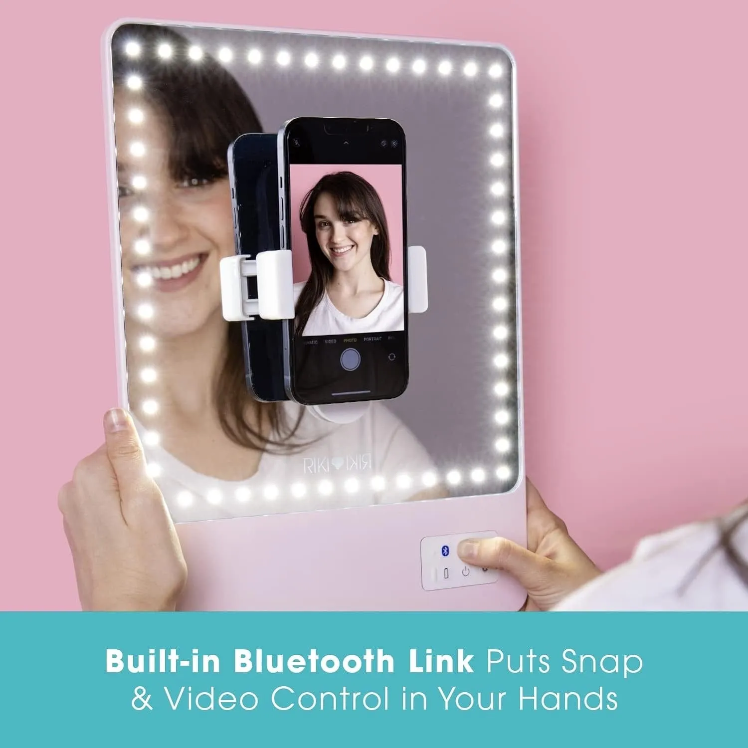 Riki Skinny Mirror Pink 5x | Riki LED Vanity Mirror Portable | Pink Riki Glamcor